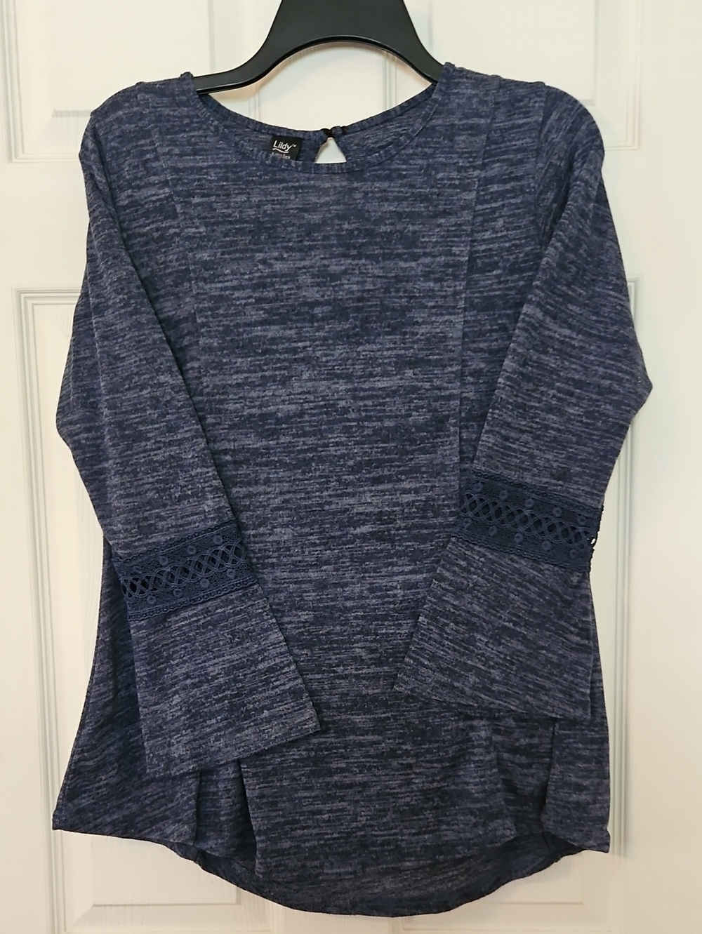 Lildy Navy Marled Knit Top with Lace Sleeve Detail